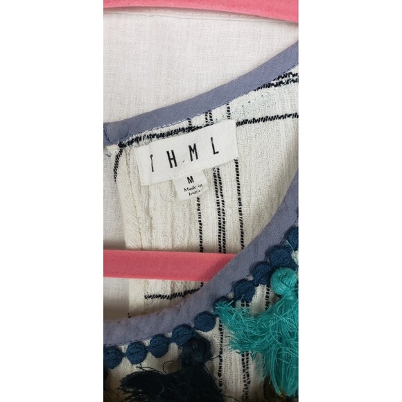 THML Blouse Top M Multicolor Tassle Bodice Check White Black 100% Cotton Boho - Picture 4 of 7